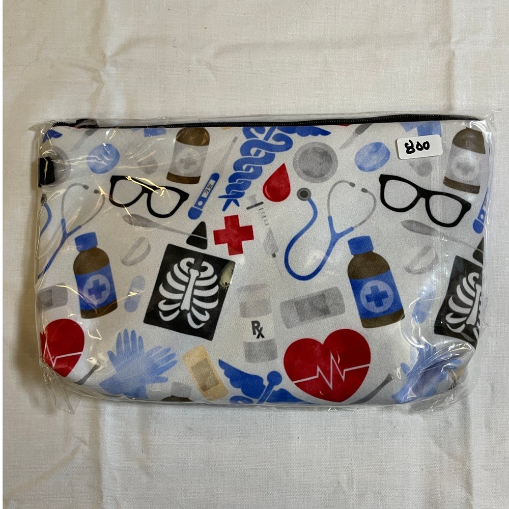 The Pouch Cosmetic Bag Unisex Small White NWT Medical Print Geometric Zipper